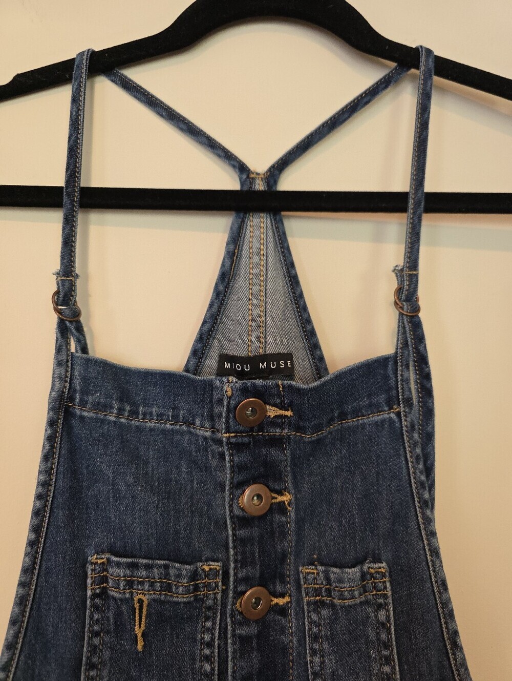 Miou Muse Size Medium Form Fitting Denim Overalls Button Front Bib Medium Wash - Picture 6 of 14